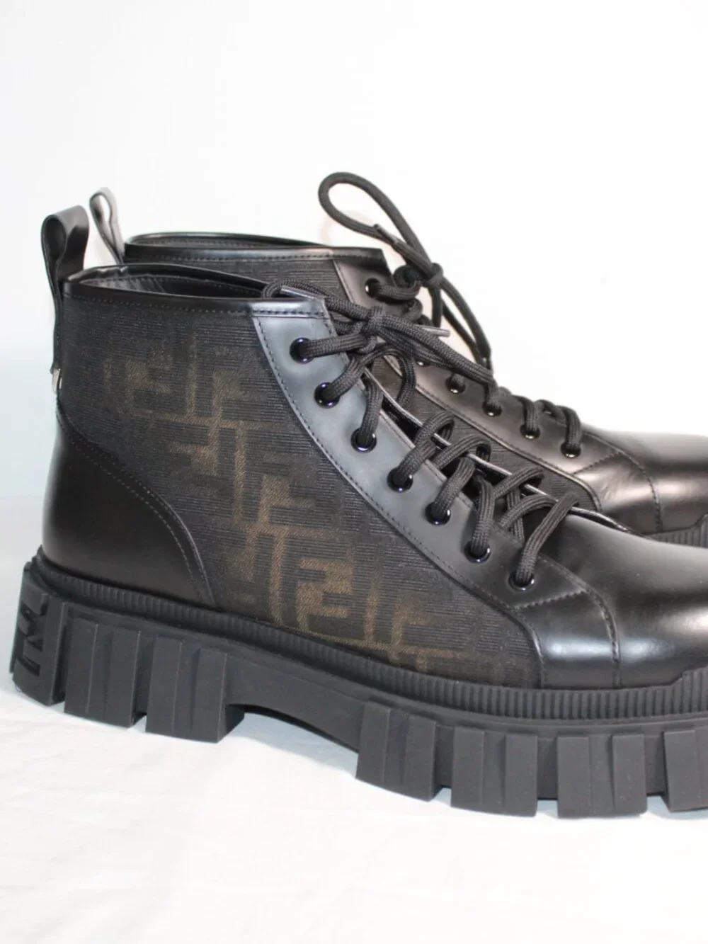 NEW FENDI Force Biker Boots FF Jacquard Canvas Lace Up Lug Sole Mens 12